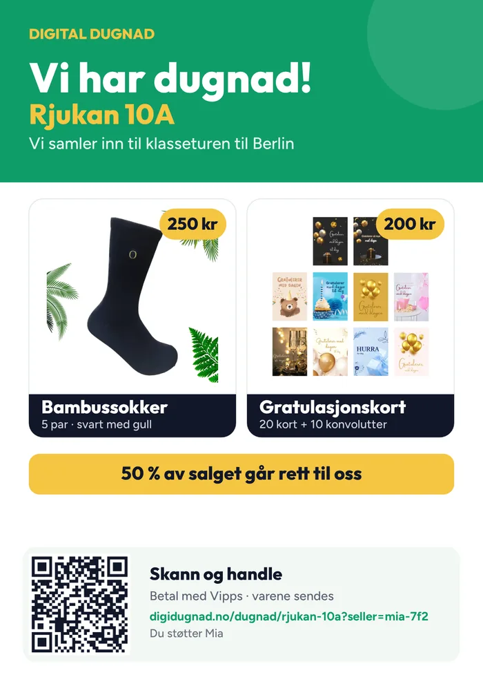 Plakat med QR-kode til dugnadsbutikken
